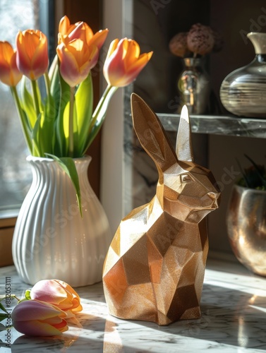 Geometric Gold Rabbit Figurine on Marble Tabletop With Pink Tulips