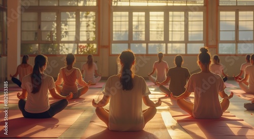 Yoga Class In A Modern Studio With Large Windows