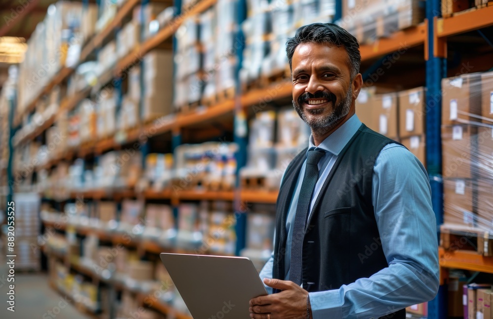 Smiling Warehouse Manager in a Busy Distribution Center Smiling Warehouse Manager in a Busy Distribution Center