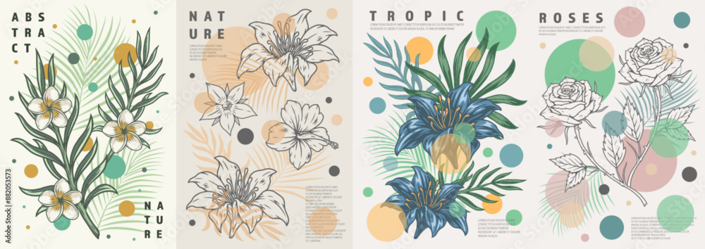 Tropical flowers set flyers colorful Tropical flowers set flyers colorful