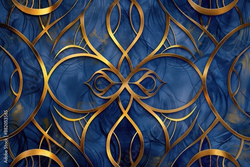 art deco luxury pattern with intricate golden swirls and geometric shapes on deep blue background elegant gatsbyinspired design with metallic shine photo