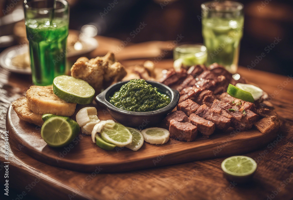 Churrasco platter with chimichurri and pão de queijo on a wooden board with a caipirinha in a gourmet Brazilian steakhouse
Churrasco platter with chimichurri and pão de queijo on a wooden board with a caipirinha in a gourmet Brazilian steakhouse