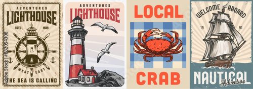 Sea lighthouses set posters colorful