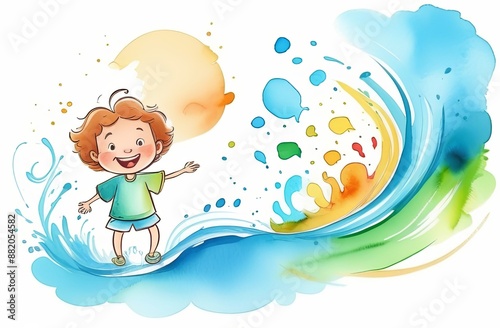 Children Protection Day. Cartoon illustration of a smiling child surrounded by bright colors. Watercolor illustration. Happy childhood concept