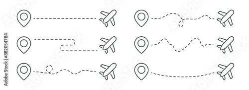Plane route map set isolated on white background vector illustration.