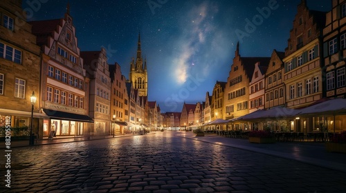 AI generator image of Munster, Germany at the night times,Photo Prinzipalmarkt shopping in a lively historical square Münster, Germany at night and the northern lights are very bright and beautiful. photo