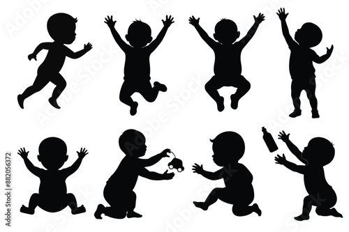 Silhouette of a little baby in various poses Vector illustration