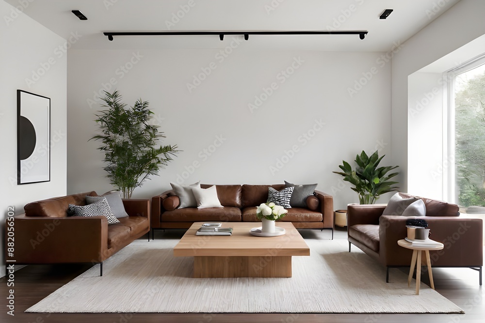 Fototapeta premium Cozy Living room interior with brown couch and white wall. Generative ai