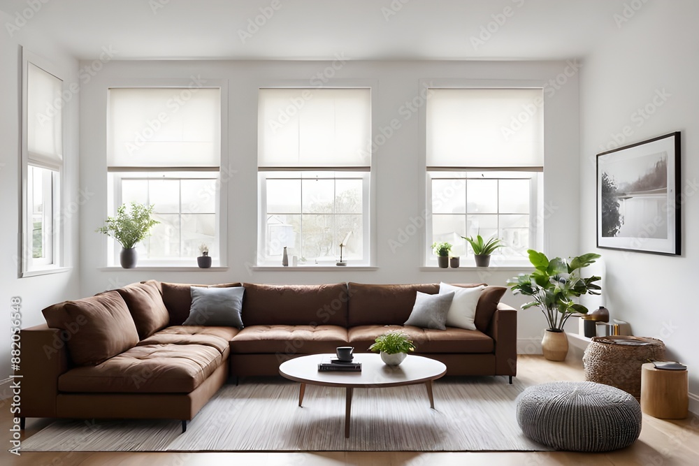 Fototapeta premium Cozy Living room interior with brown couch and white wall. Generative ai