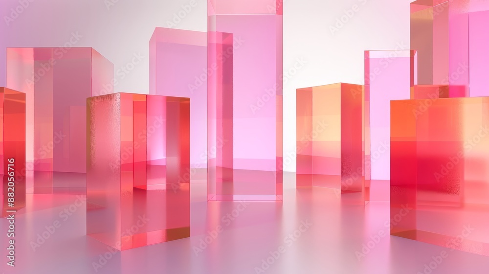 An abstract geometric background with a pink red violet gradient, simple square shapes in a 3D render