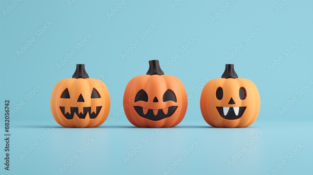 3D illustration of a jack-o'-lantern pumpkins with different faces on a blue background. 3D illustration of a jack-o'-lantern pumpkins with different faces on a blue background.