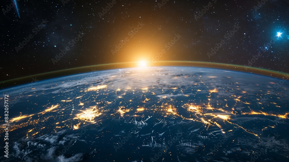 Obraz premium Stunning view of planet Earth from space with shining city lights and bright clouds. Image of the planet from space.