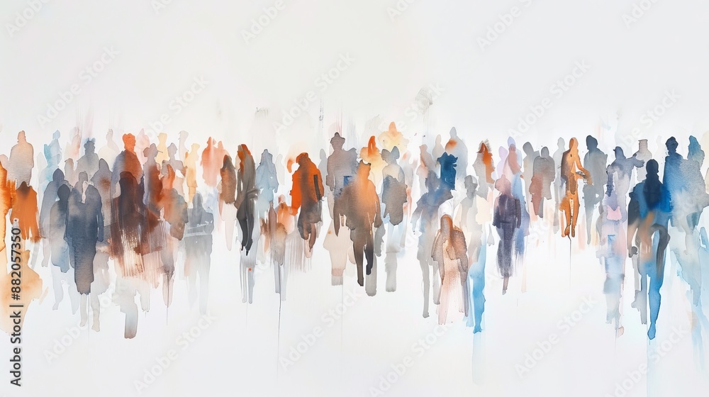 Naklejka premium A panorama of people meeting on the street in an abstract watercolor painting. A beautiful artistic image for posters, wallpaper, or art prints.