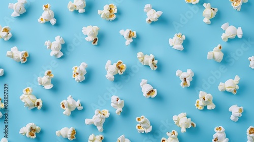 Scattered popcorn on a bright background. High quality photo. The concept of advertising cinemas, leisure and film viewings.