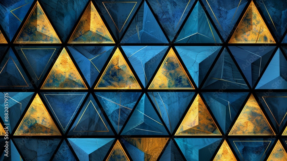Obraz premium Abstract geometric art featuring blue and gold triangle pattern with a textured background, perfect for modern design projects.