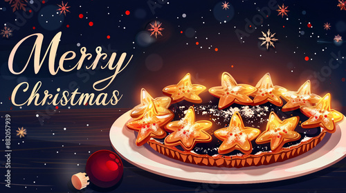 Traditional of a cartoon star-shaped mince pie on a white plate, perfect for Christmas party season desserts and holiday celebrations. Festive bakery item isolated on white background.