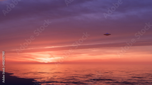 3d render. UFO above the ocean 