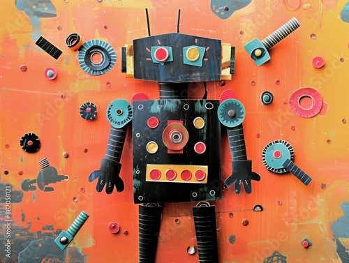 A vibrant illustration of a robot composed of various mechanical parts set against an orange background. Ideal for themes of technology, creativity, and engineering.
