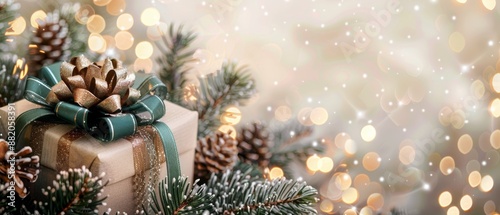 Wrapped Christmas Gift With Green Ribbon and Pine Branch