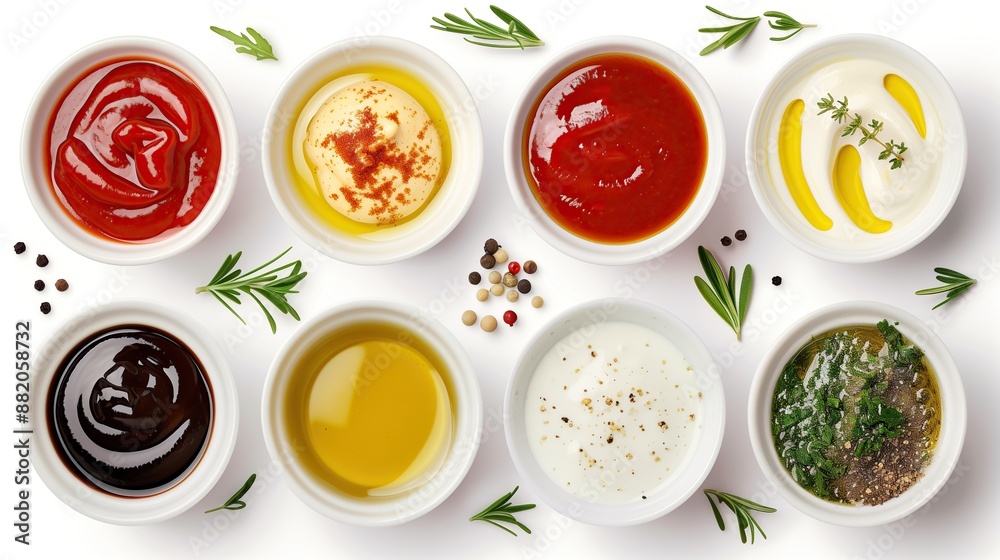 A top view of a variety of sauces in bowls, including ketchup, mustard, and tartar, isolated on a white background. Perfect for culinary presentations, ingredient collections, or cooking-themed design A top view of a variety of sauces in bowls, including ketchup, mustard, and tartar, isolated on a white background. Perfect for culinary presentations, ingredient collections, or cooking-themed design