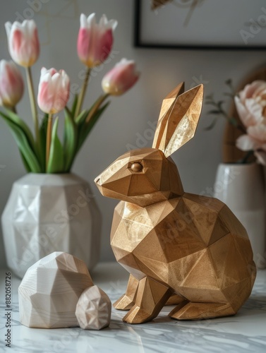 Geometric Gold Rabbit Figurine on Marble Tabletop With Pink Tulips
