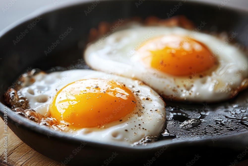 closeup of two perfectly fried eggs in a castiron skillet golden yolks crispy edges and appetizing sheen warm inviting lighting enhances the culinary appeal closeup of two perfectly fried eggs in a castiron skillet golden yolks crispy edges and appetizing sheen warm inviting lighting enhances the culinary appeal