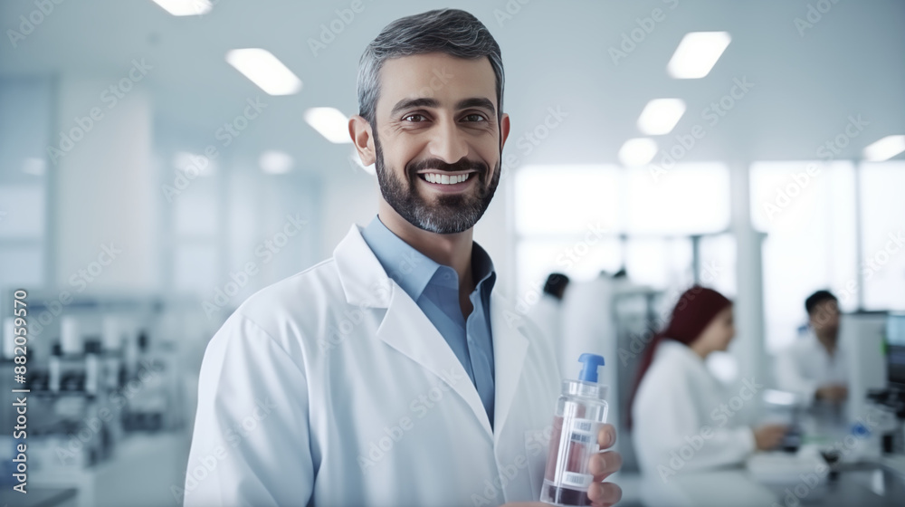 Smiling arabian scientist in lab coat holding serum glass bottle