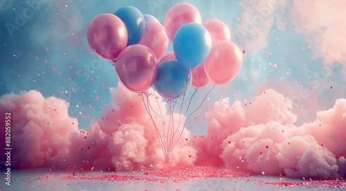 Pink And Blue Balloons Floating In A Cloud Of Smoke