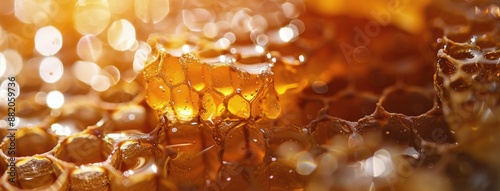 Close-Up View of Honeycomb Filled With Golden Honey in the Sunlight