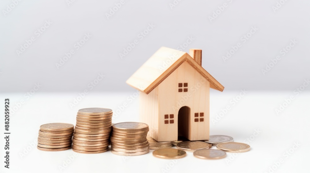 House model and coins on white background, saving money for buy a house concept House model and coins on white background, saving money for buy a house concept