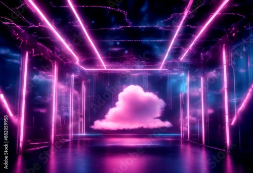 glowing dark base blue cloud banner data technology concept structures neon pink footed system storage datum communication icon network security