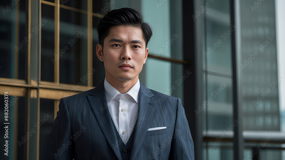 This image captures a young Asian man, smartly dressed in a tailored suit, exuding confidence and ambition. He stands poised in front of a backdrop of sleek, contemporary architecture that symbolizes This image captures a young Asian man, smartly dressed in a tailored suit, exuding confidence and ambition. He stands poised in front of a backdrop of sleek, contemporary architecture that symbolizes
