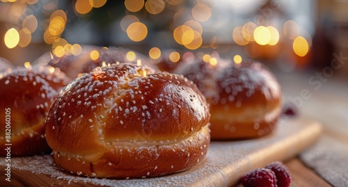 Closeup of a Freshly Baked Sesame Seed Bun on a Wooden Board