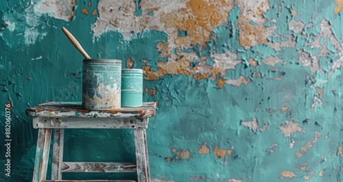 Wooden Ladder Leaning Against Blue and Yellow Wall With Paint Can and Brush