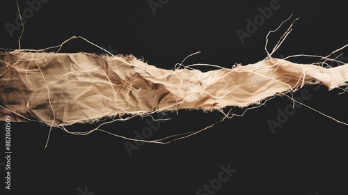 Torn beige fabric with loose threads on black backdrop for texture photo