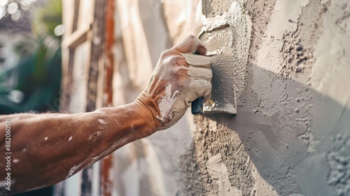 Close up shot of a worker applying stucco with spatula to an exterior wall