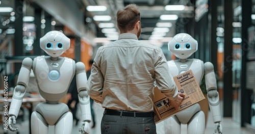 Man Walking Between Two White Humanoid Robots in Modern Building