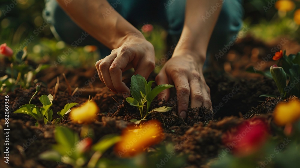 Fototapeta premium Close up shot of a person's hands digging holes and planting flowers in a garden bed