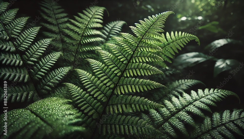 An image of lush Sword fern leaves in a tropical forest An image of lush Sword fern leaves in a tropical forest
