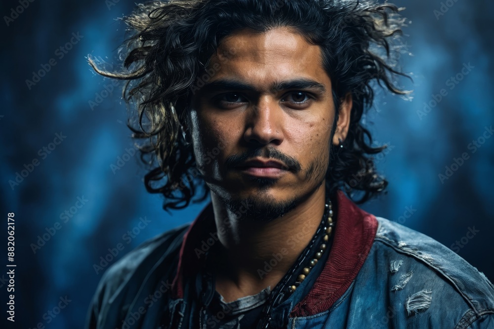 Fototapeta premium Portrait of thoughtful man with long hair and denim jacket
