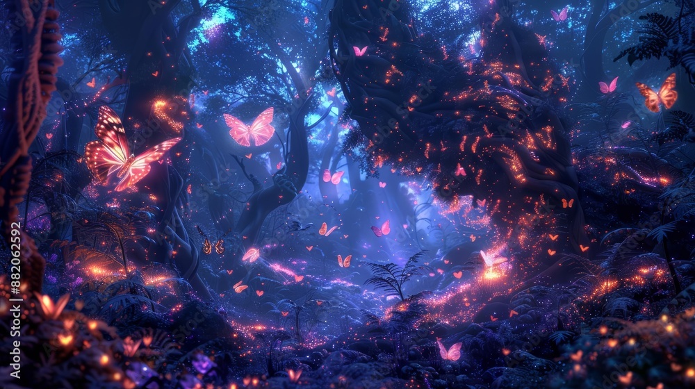 Fototapeta premium Weevils and moths in a bioluminescent forest, glowing effects, detailed and magical scene