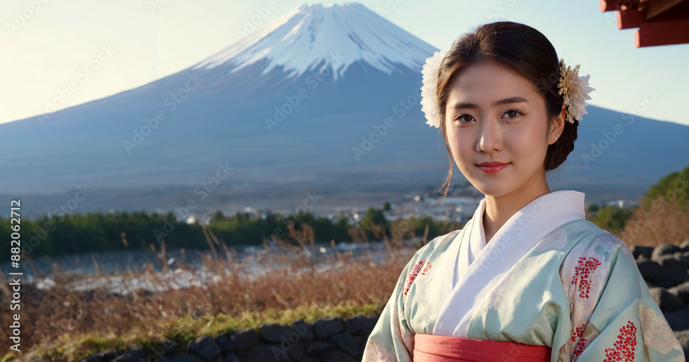 Young woman wearing kimono posing with mount fuji background Young woman wearing kimono posing with mount fuji background
