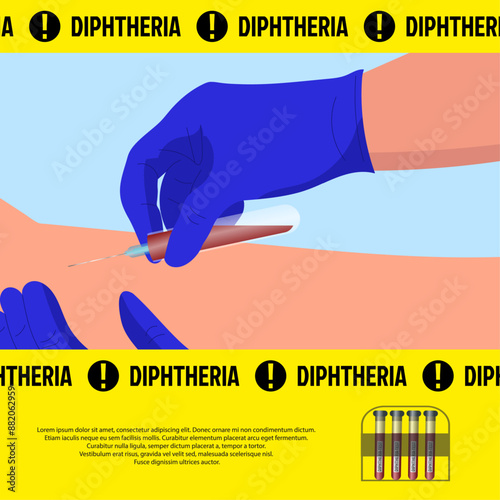 Diphtheria poster and doctor vaccination and blood test tube
