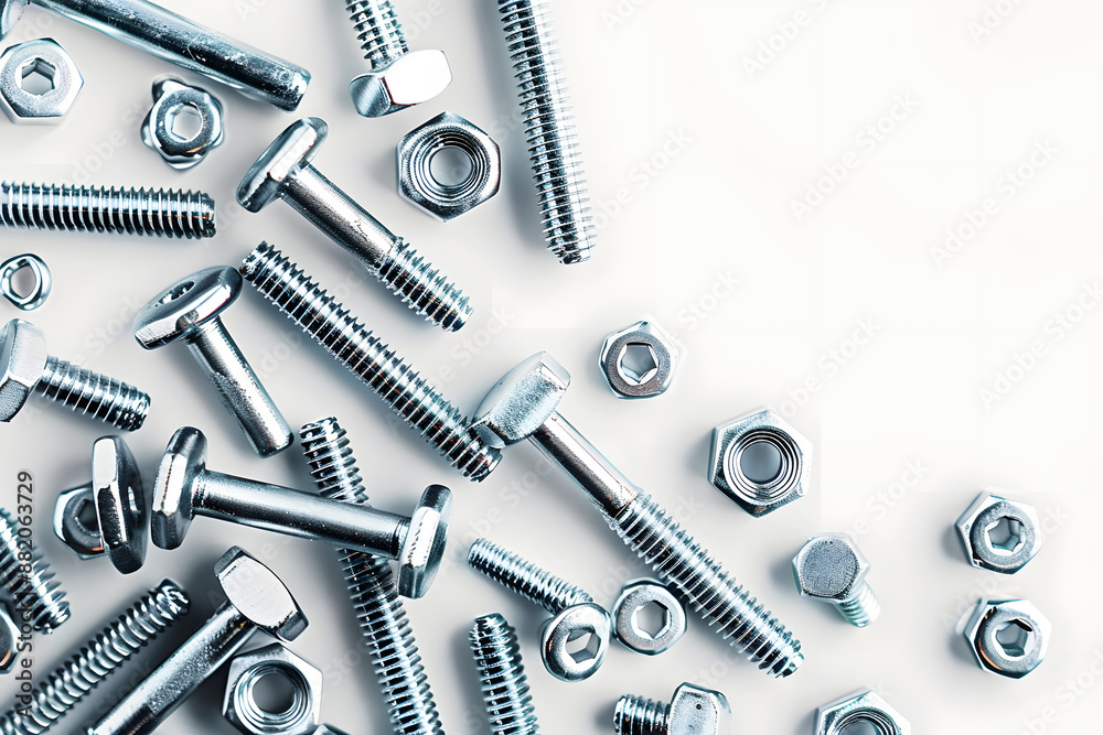 Top view of stainless steel bolts or iron nails on brigth white background with silver color. Metal screws for use in sheet metal. Top view of stainless steel bolts or iron nails on brigth white background with silver color. Metal screws for use in sheet metal.
