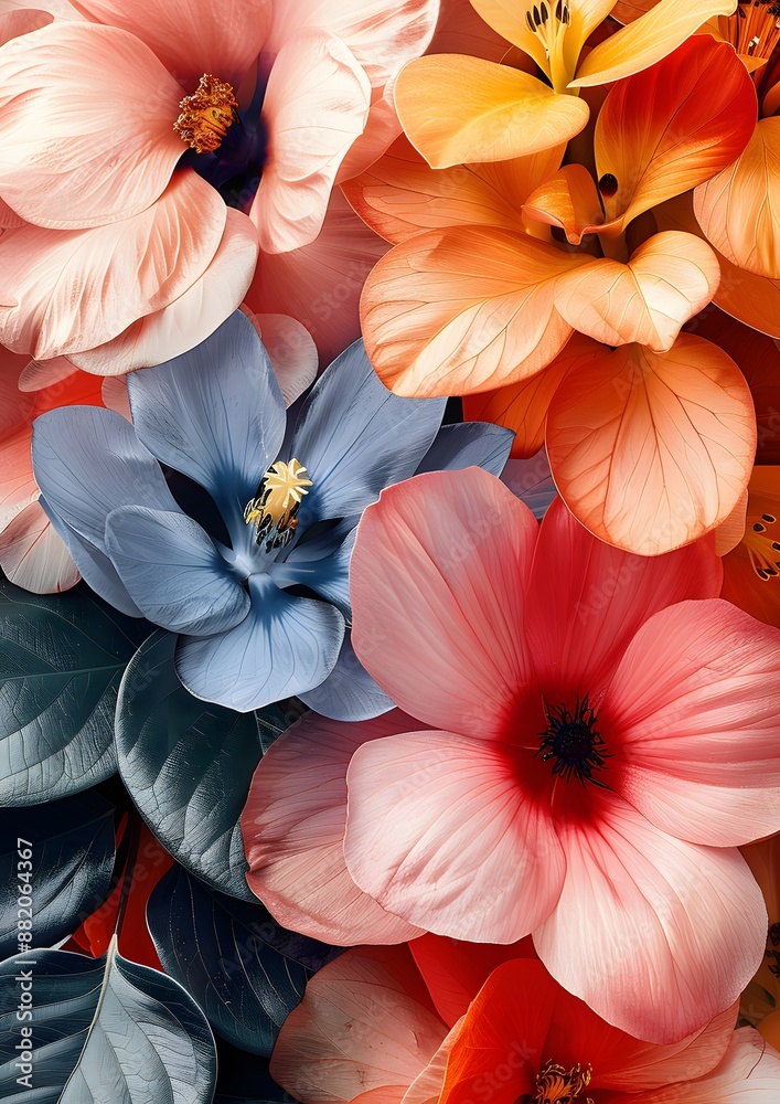 Obraz premium A colorful bouquet of flowers with a blue flower in the middle. The flowers are arranged in a way that creates a sense of harmony and balance. The colors of the flowers are vibrant and eye-catching
