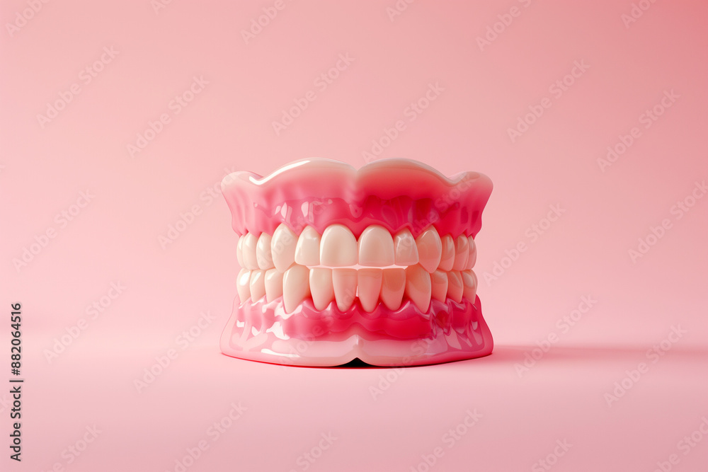 Gums dentistry human tooth dentures on light pink background