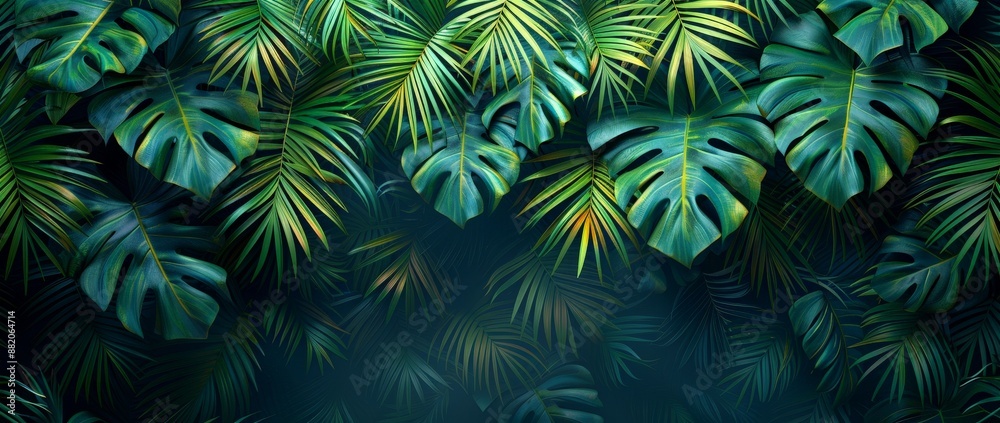 Fresh exotic jungle background with palm fronds and monstera Fresh exotic jungle background with palm fronds and monstera