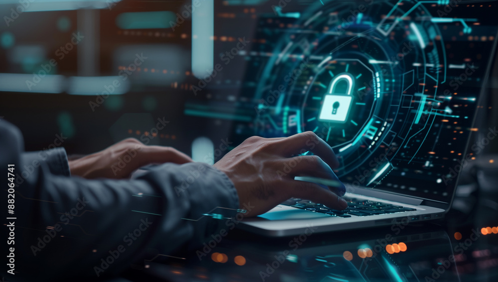 close up businessman hands typing on laptop with digital padlock icon hologram floating above the keyboard. Concept of data protection and cyber security, close up businessman hands typing on laptop with digital padlock icon hologram floating above the keyboard. Concept of data protection and cyber security,