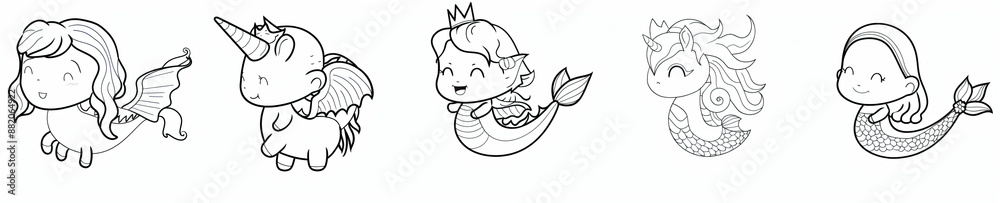 Cute Mermaid and Unicorn Illustration Set Cute Mermaid and Unicorn Illustration Set