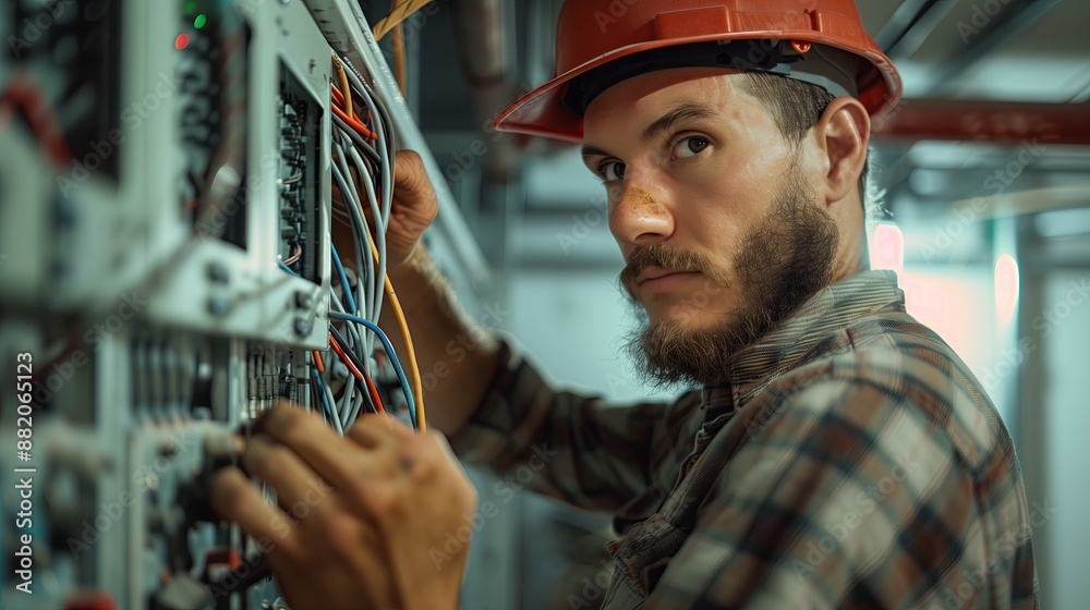 Portrait of a male electrician working in the electrical room. Portrait of a male electrician working in the electrical room.